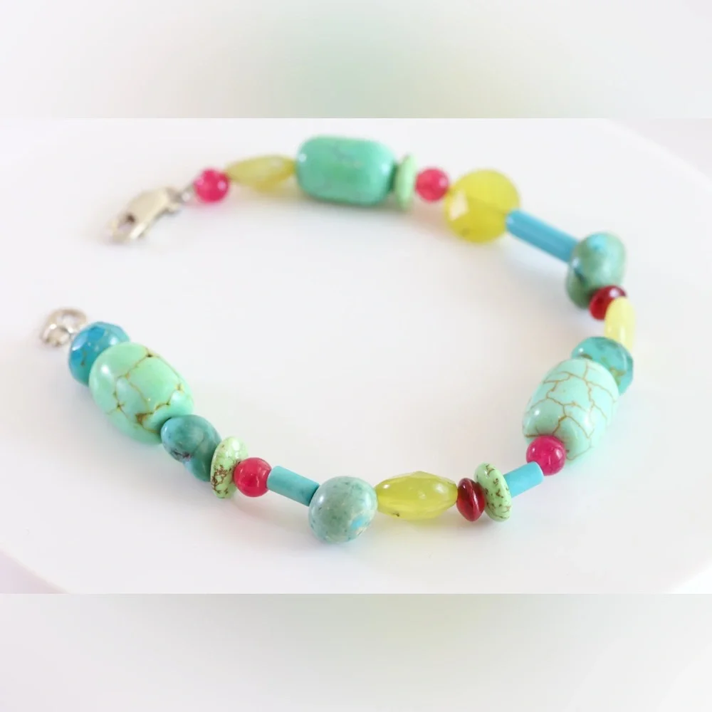 Handmade Turquoise & Aqua Gemstone Bracelet | Sterling Silver | 8”